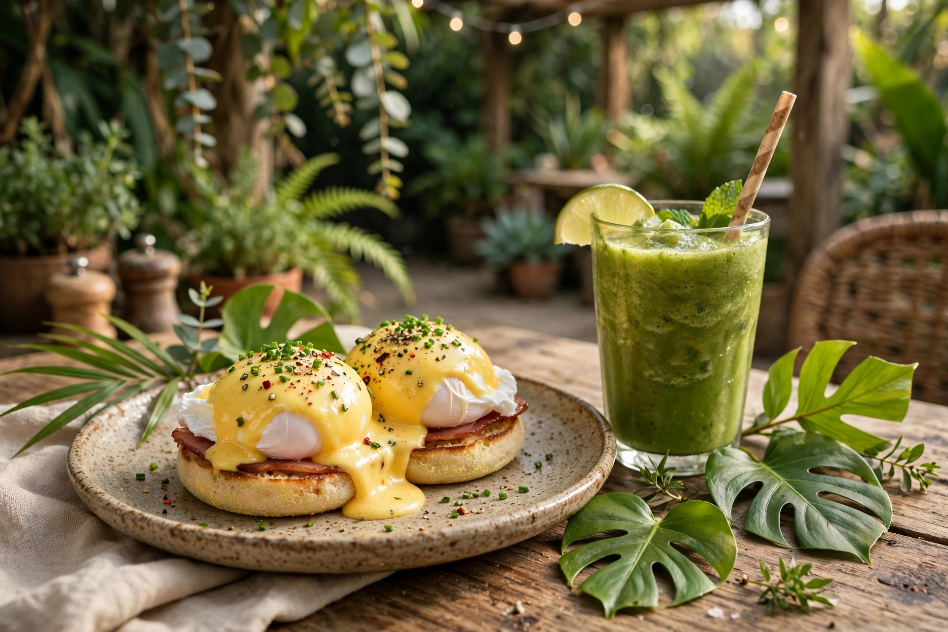 Eggs benedict brunch plate with green smoothie at Eva's