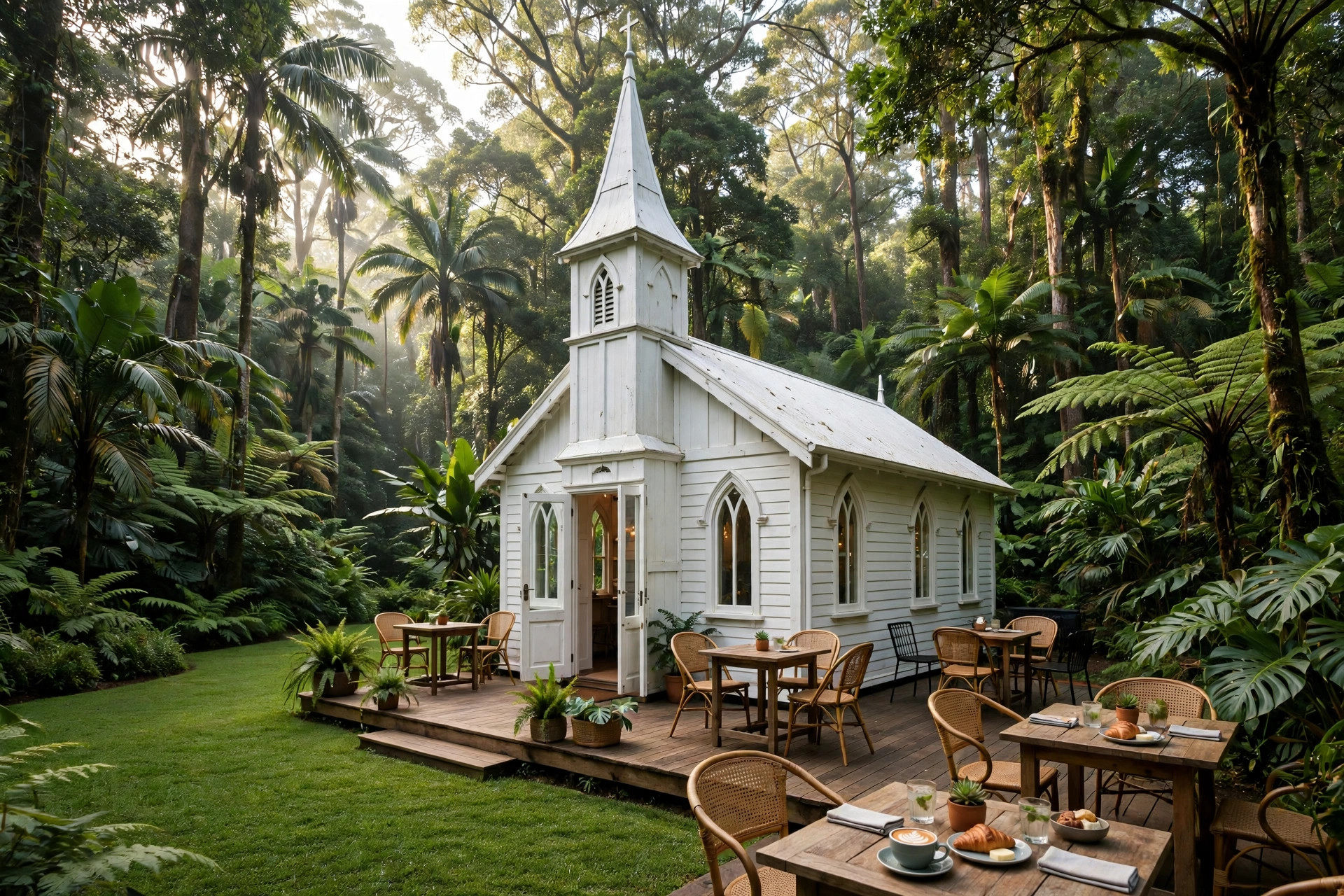 The heritage-listed church building housing Eva's Cafe, among rainforest trees