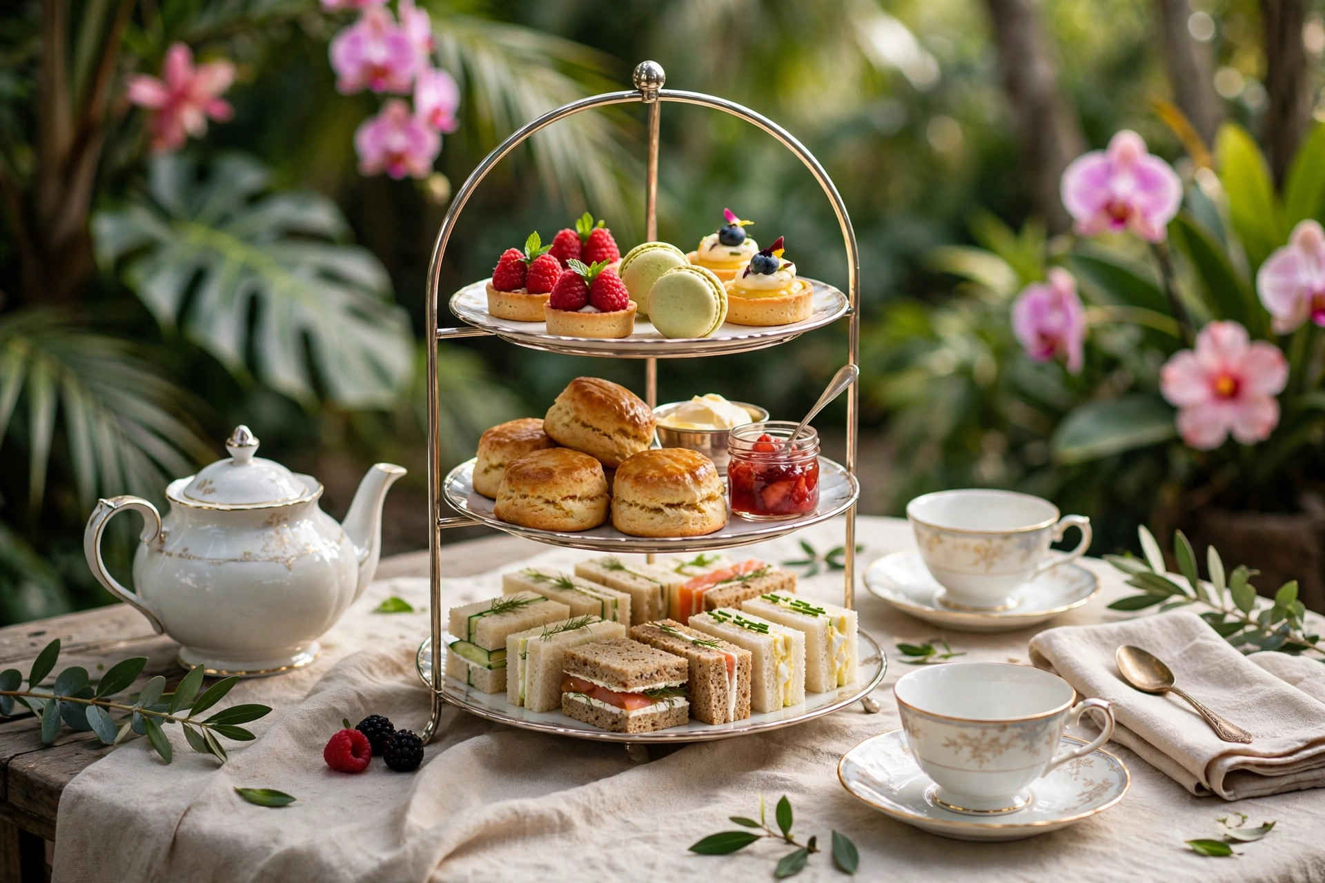 High tea spread with scones, sandwiches and desserts in the gardens
